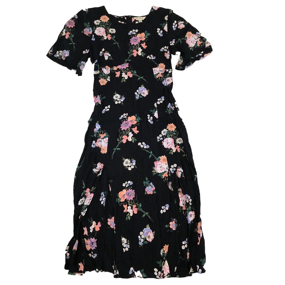 Miss Selfridge Black floral flutter sleeve midi dress double side slits size 8
